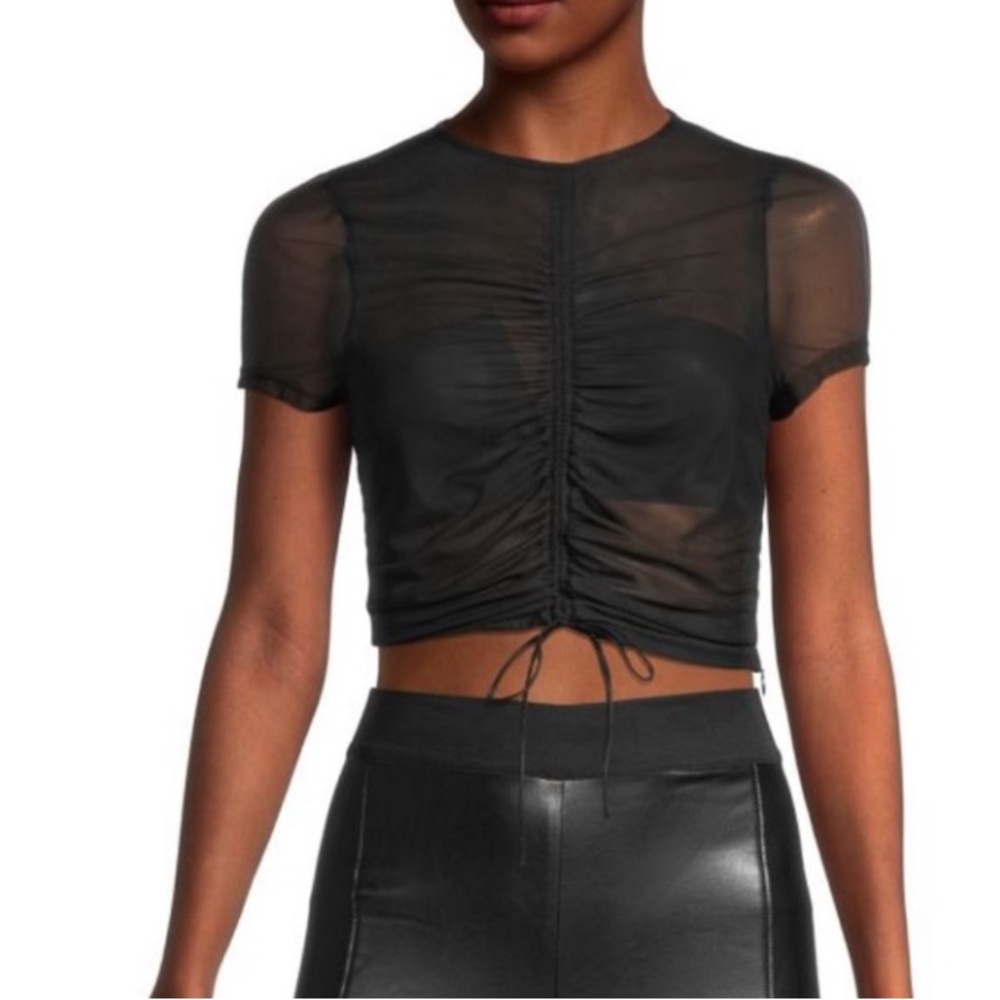 Cinq‎ à Sept Women’s Black Arlen Semi-Sheer Ruched Crop Top Size Small, NWOT